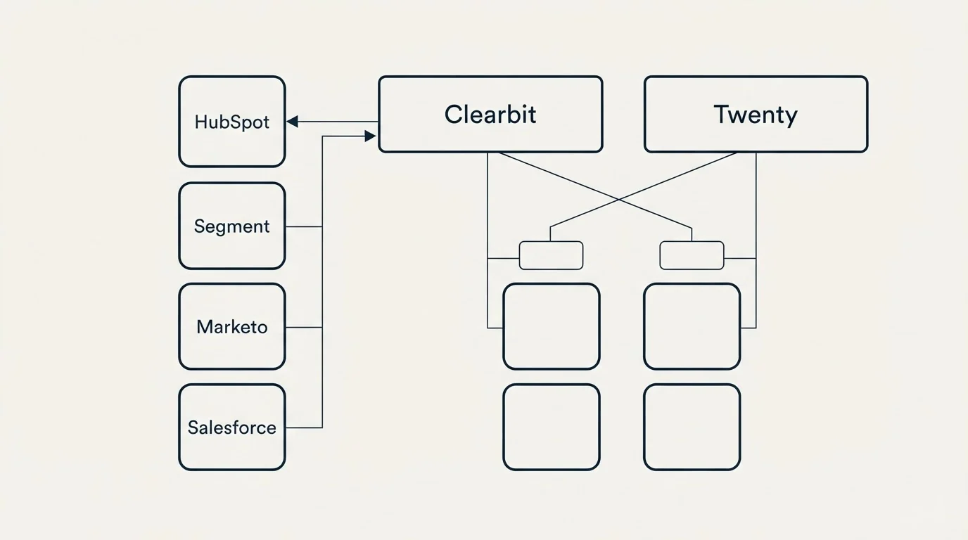 Integration grid: Integration Ecosystem (Clearbit, Twenty, HubSpot, Segment)
