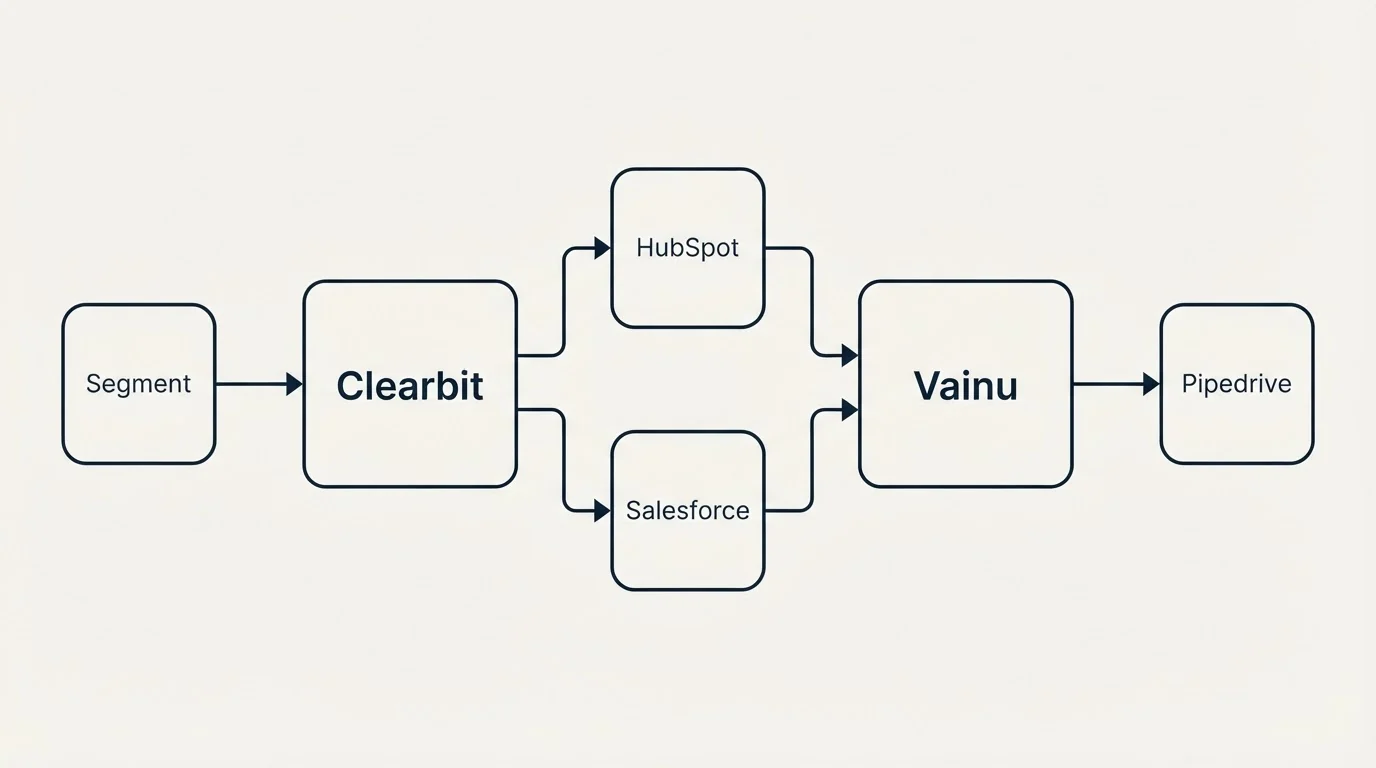 Integration schematic: Integration Ecosystem (Clearbit, Vainu, HubSpot, Salesforce)