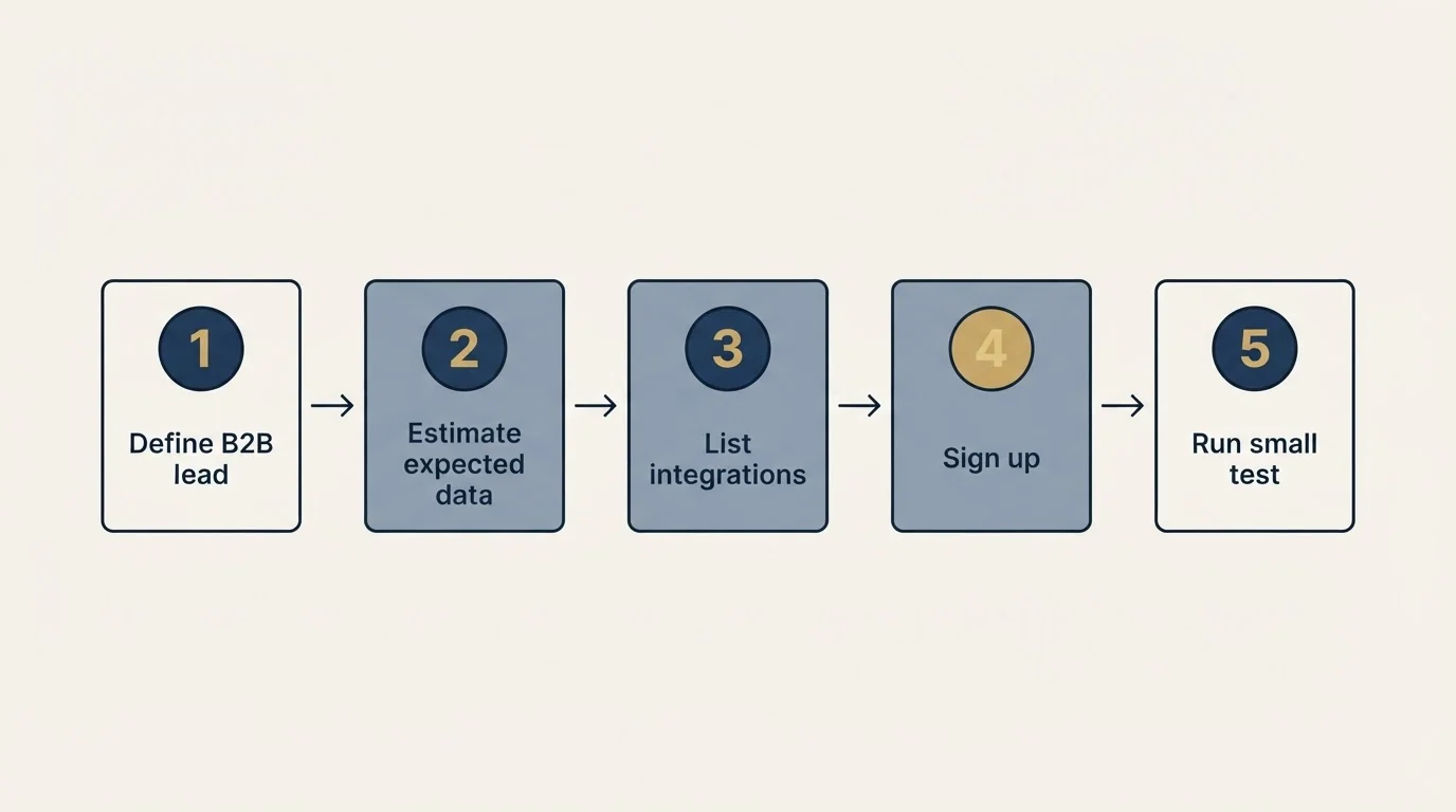 Step sequence: Getting Started Checklist (Define B2B lead, Estimate expected data, List integrations, Sign up)