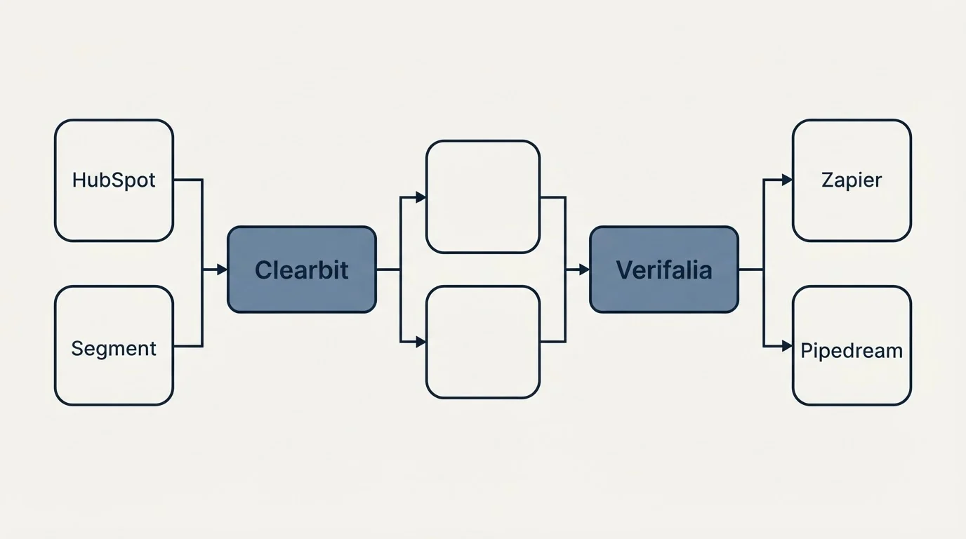 Integration schematic: Integration Ecosystem (Clearbit, Verifalia, HubSpot, Zapier)
