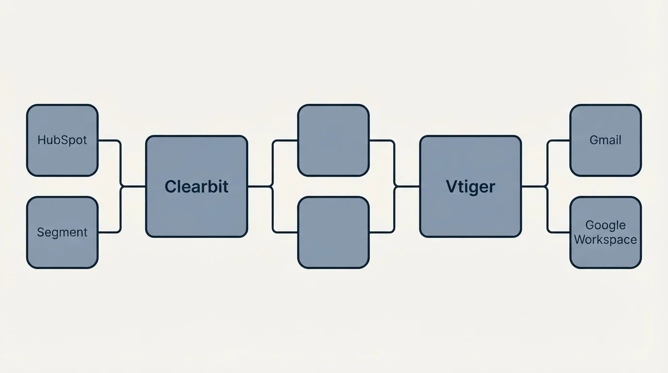 Integration schematic: Integration Ecosystem (Clearbit, Vtiger, HubSpot, Gmail)