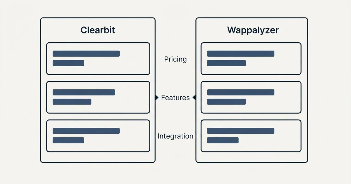 Comparison panel: Clearbit vs Wappalyzer (Pricing, Features, Integration)