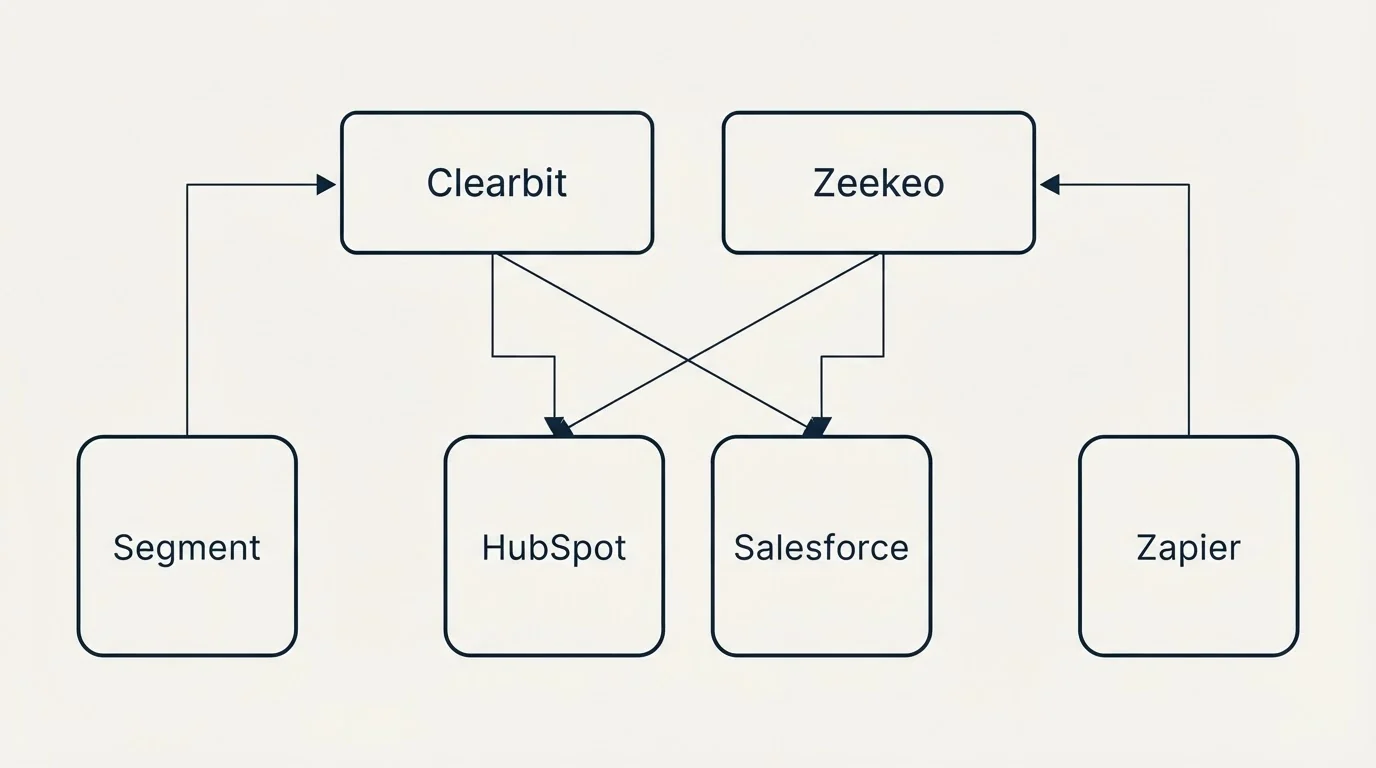 Integration grid: Integration Ecosystem (Clearbit, Zeekeo, HubSpot, Salesforce)