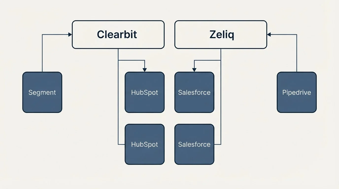 Integration grid: Integration Ecosystem (Clearbit, Zeliq, HubSpot, Salesforce)