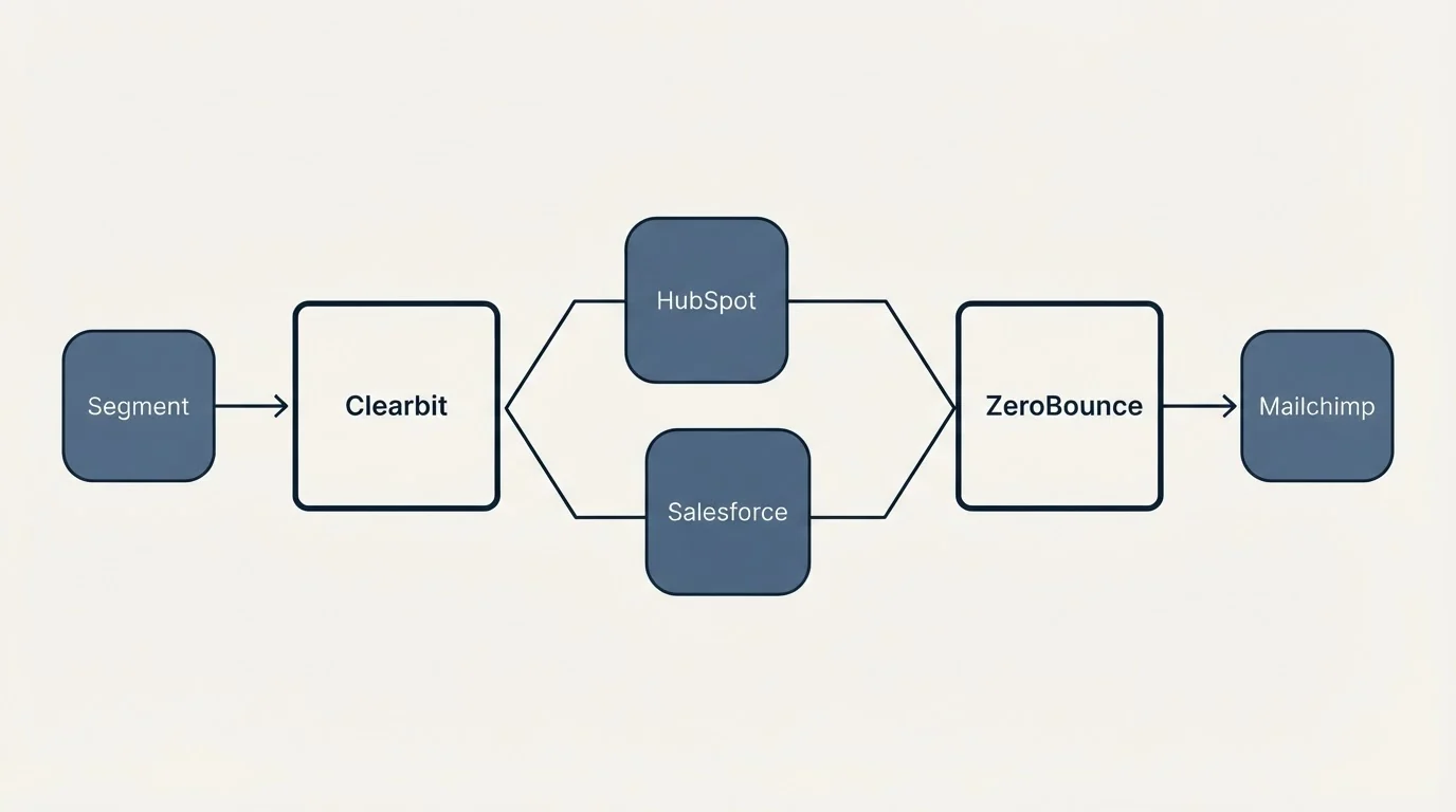 Integration schematic: Integration Ecosystem (Clearbit, ZeroBounce, HubSpot, Salesforce)