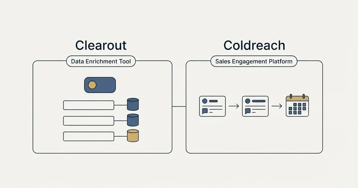 Side-by-side panels: Clearout vs Coldreach (Data Enrichment Tool, Sales Engagement Platform)