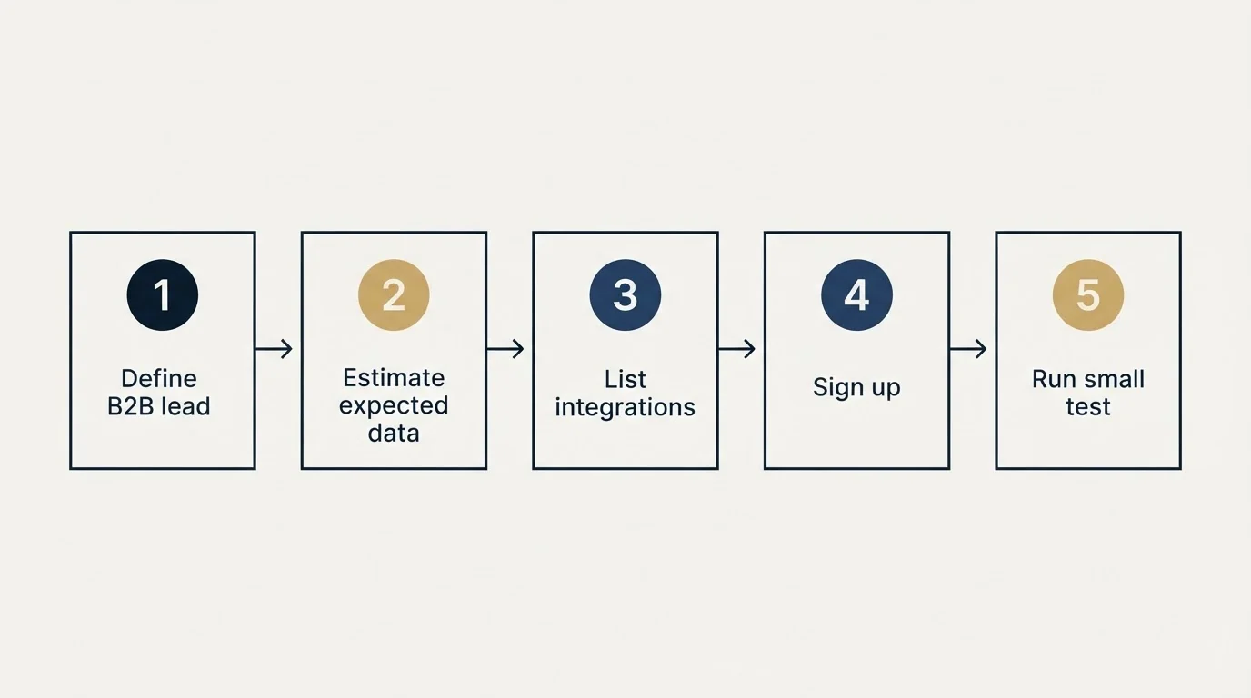 Step sequence: Getting Started Checklist (Define B2B lead, Estimate expected data, List integrations, Sign up)