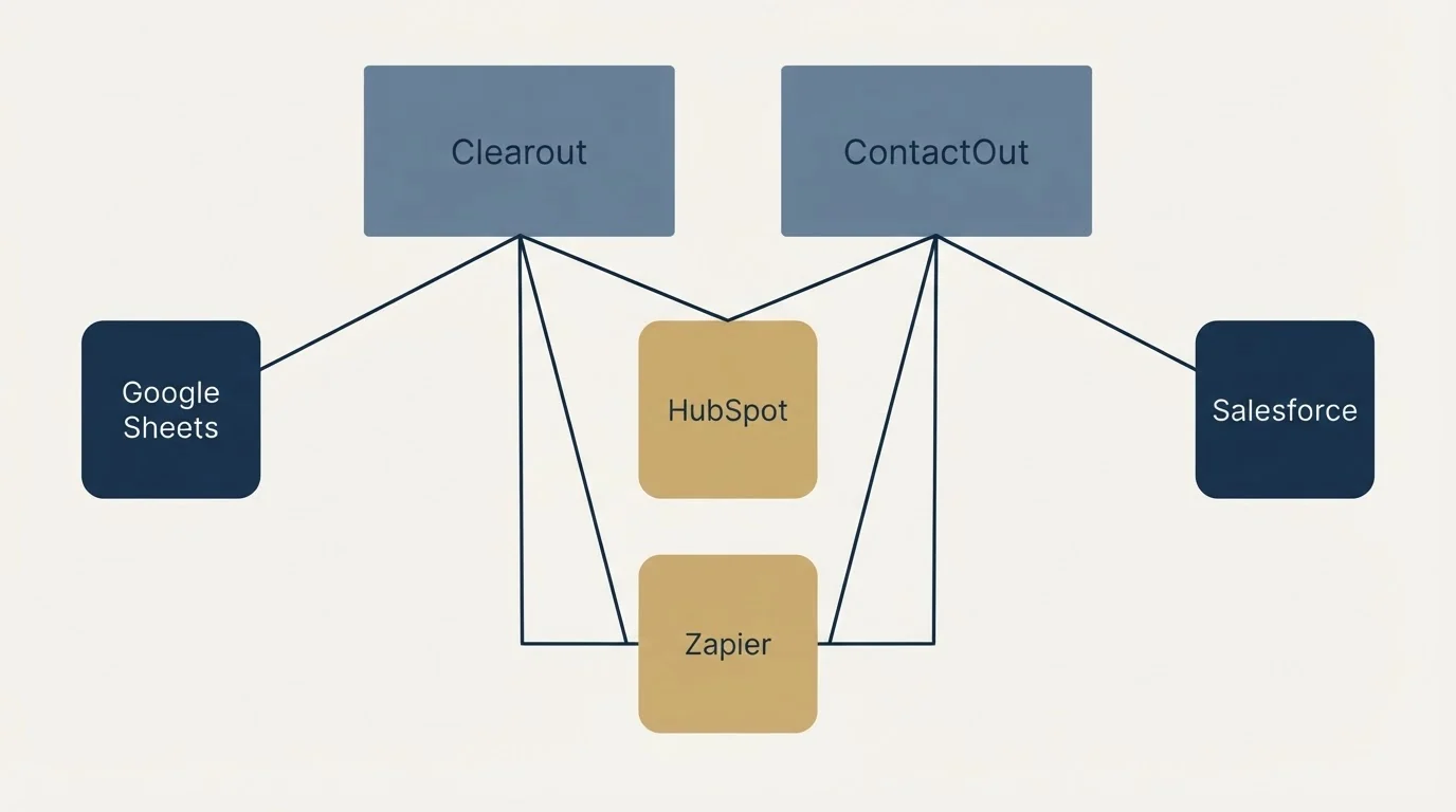 Integration grid: Integration Ecosystem (Clearout, ContactOut, HubSpot, Zapier)