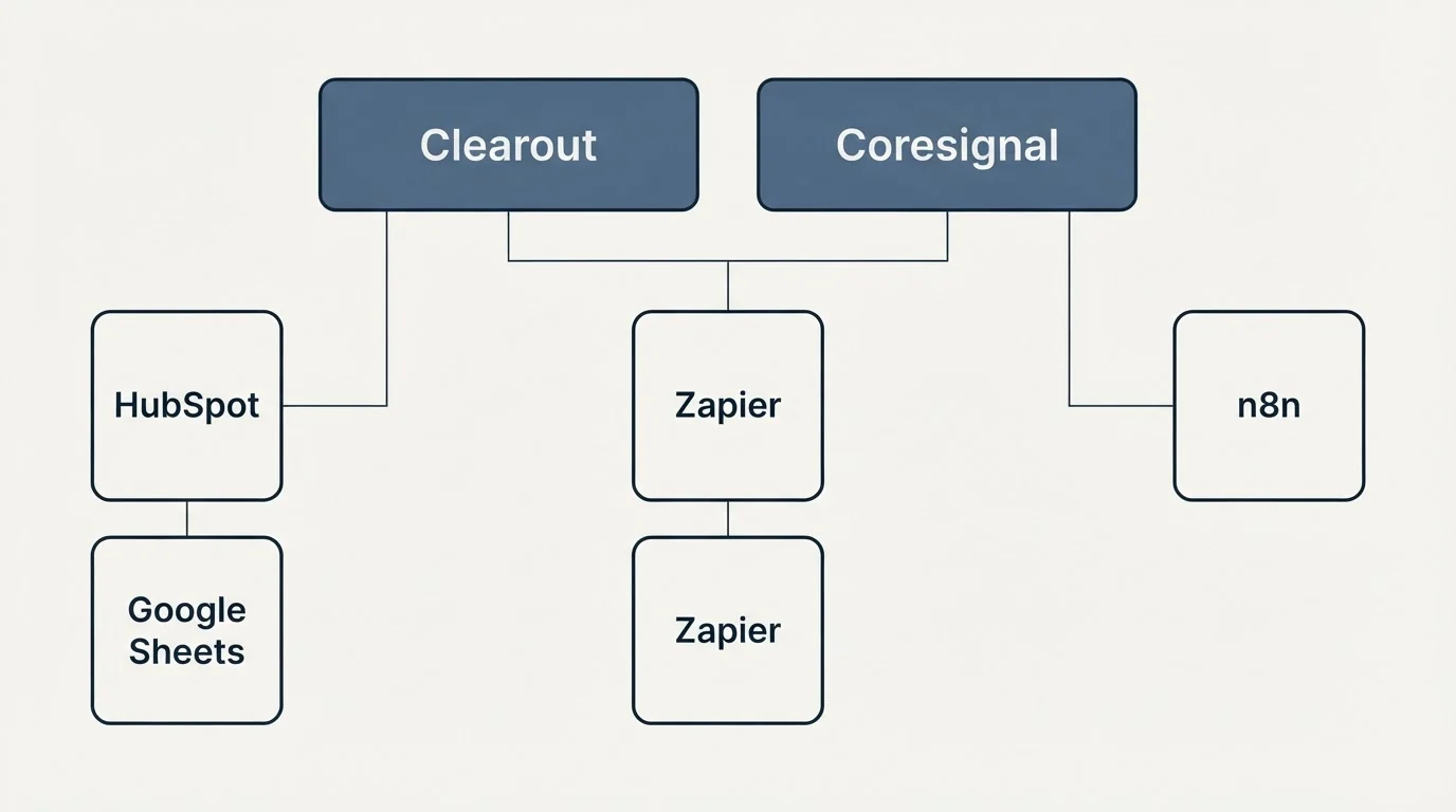 Integration grid: Integration Ecosystem (Clearout, Coresignal, Zapier, HubSpot)