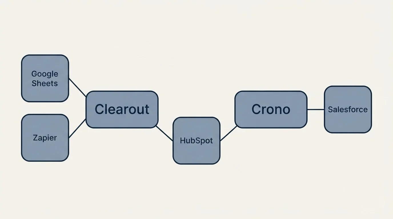 Integration schematic: Integration Ecosystem (Clearout, Crono, HubSpot, Google Sheets)