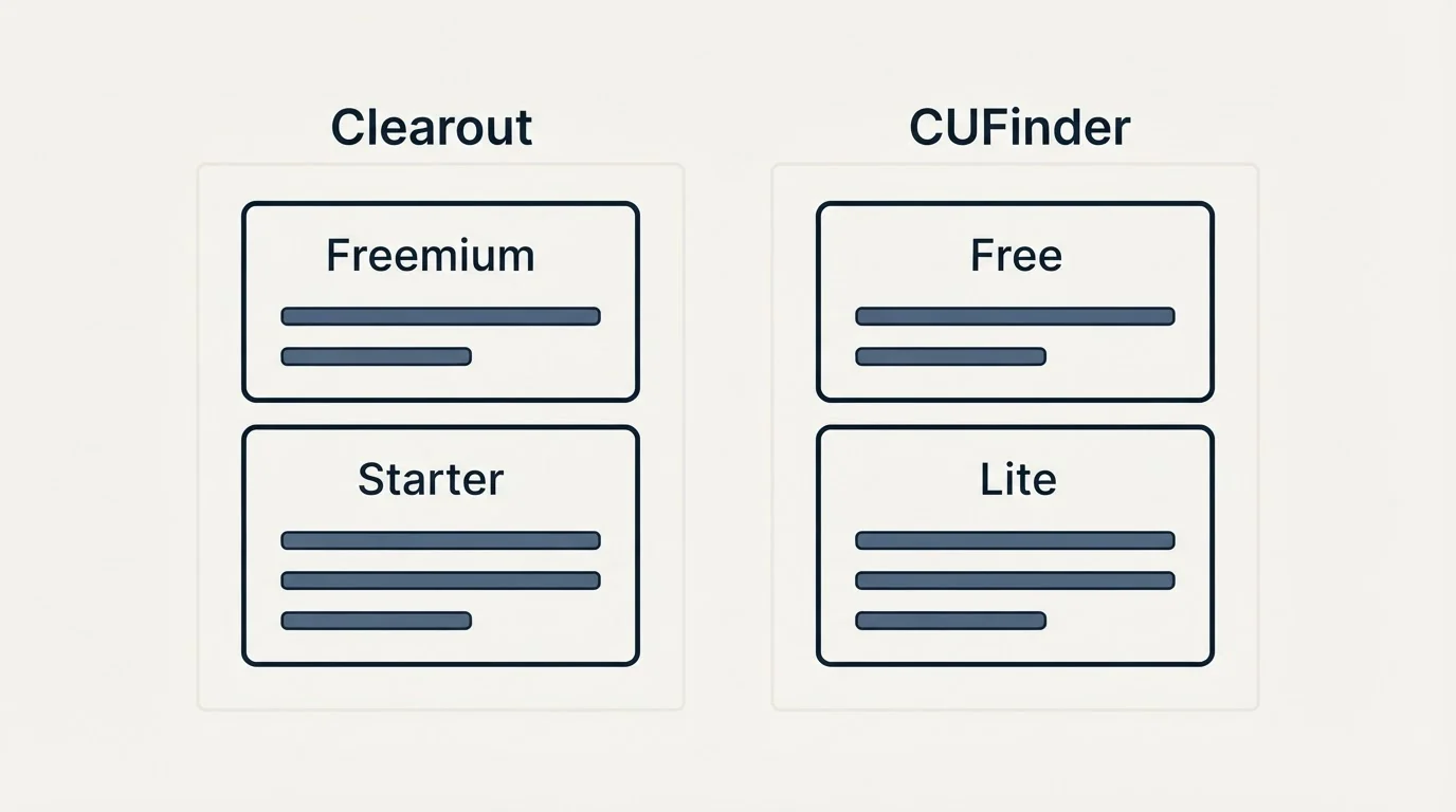 Pricing panels: Pricing Comparison (Clearout, CUFinder, Freemium, Free)
