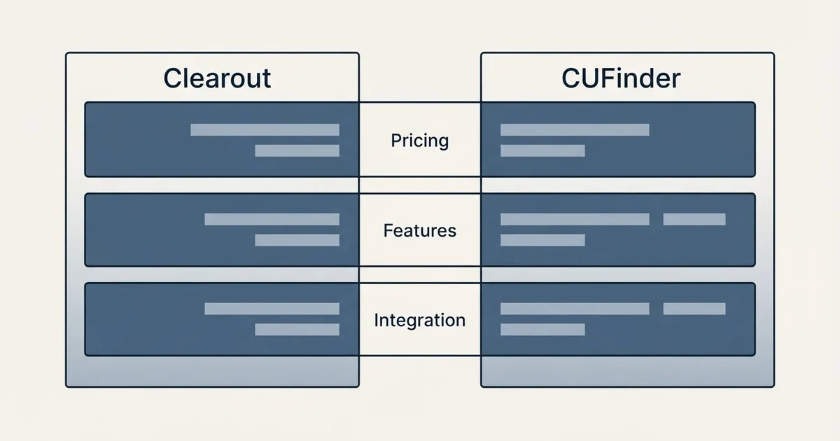Comparison panel: Clearout vs CUFinder (Pricing, Features, Integration)