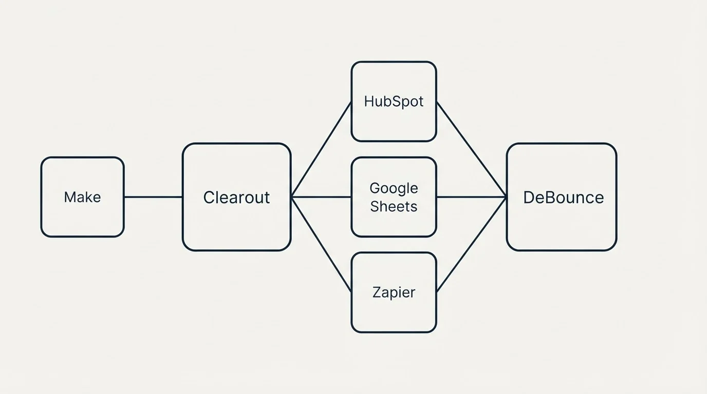 Integration schematic: Integration Ecosystem (Clearout, DeBounce, HubSpot, Google Sheets)