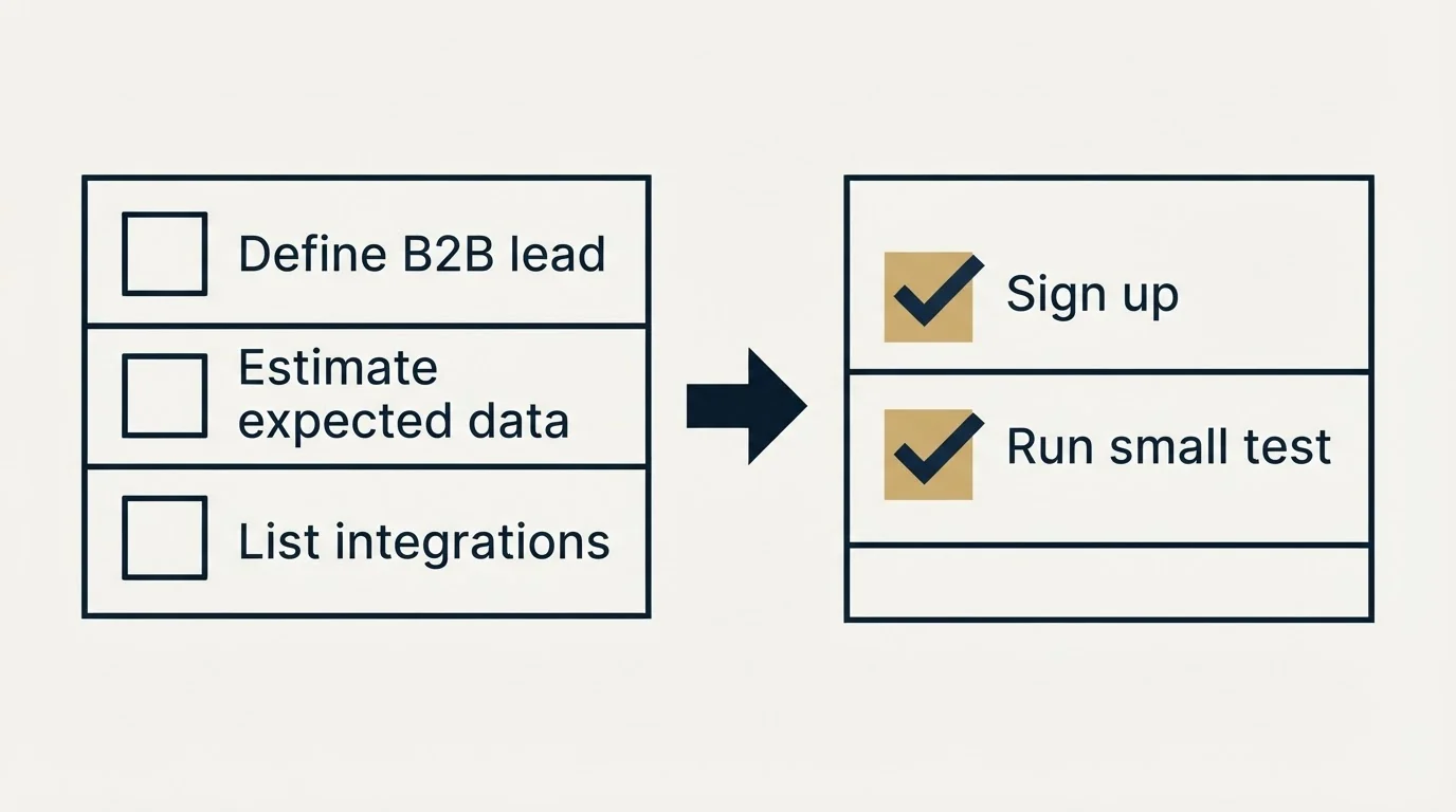 Before-and-after steps: Getting Started Checklist (Define B2B lead, Estimate expected data, List integrations, Sign up)