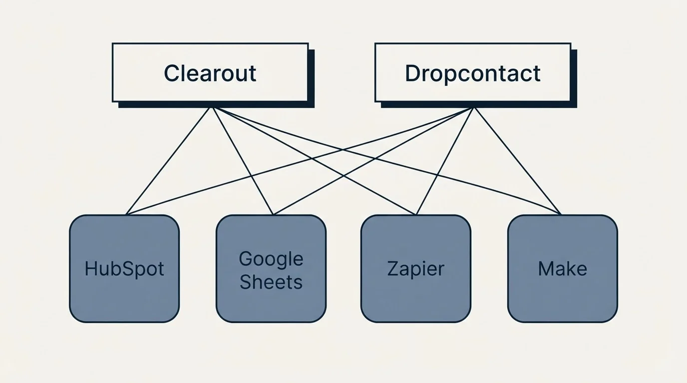 Integration grid: Integration Ecosystem (Clearout, Dropcontact, HubSpot, Google Sheets)