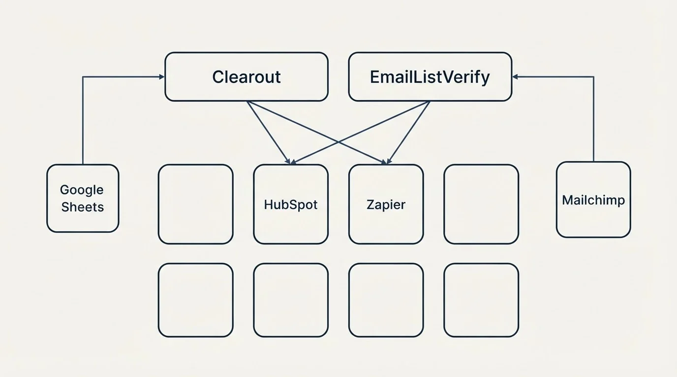 Integration grid: Integration Ecosystem (Clearout, EmailListVerify, HubSpot, Zapier)