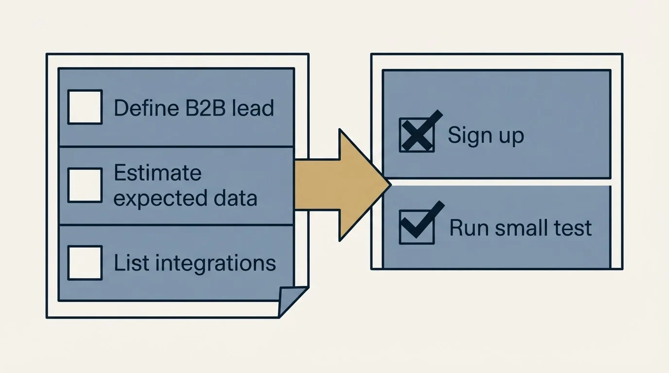 Before-and-after steps: Getting Started Checklist (Define B2B lead, Estimate expected data, List integrations, Sign up)