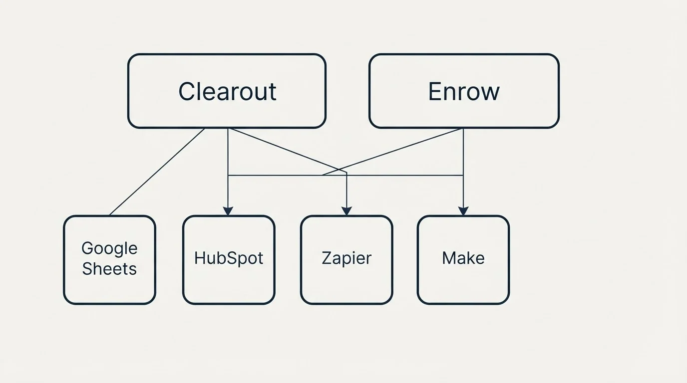Integration grid: Integration Ecosystem (Clearout, Enrow, HubSpot, Zapier)