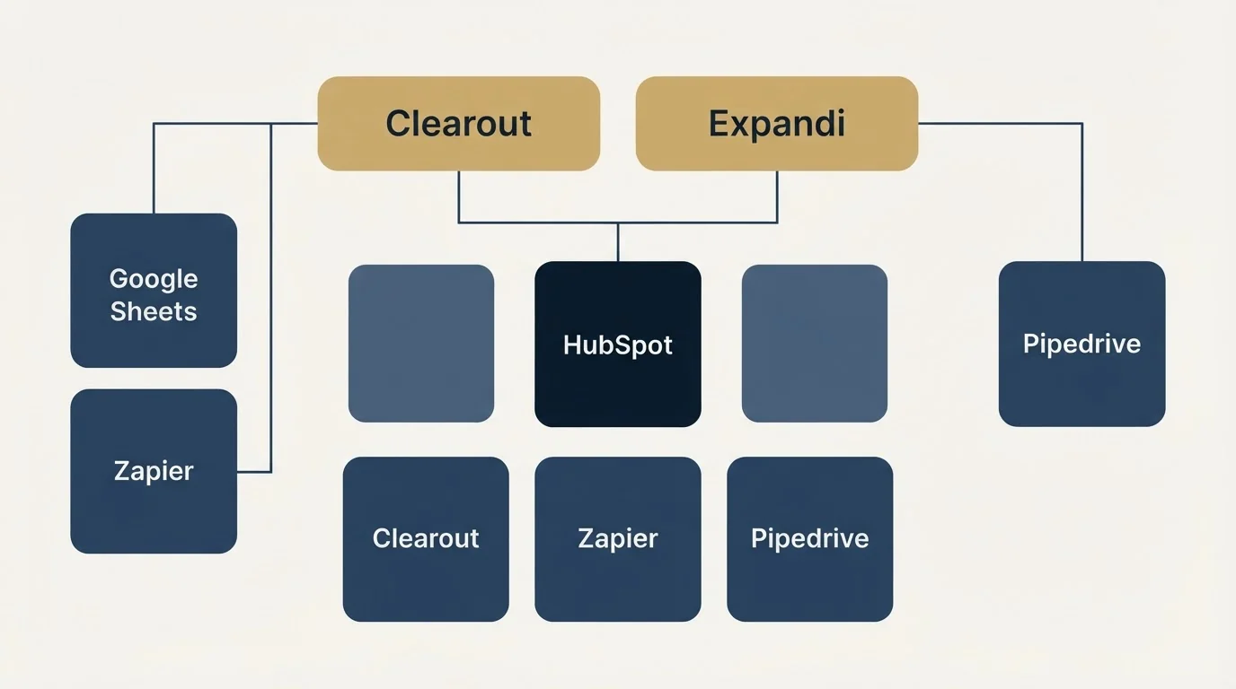 Integration grid: Integration Ecosystem (Clearout, Expandi, HubSpot, Google Sheets)