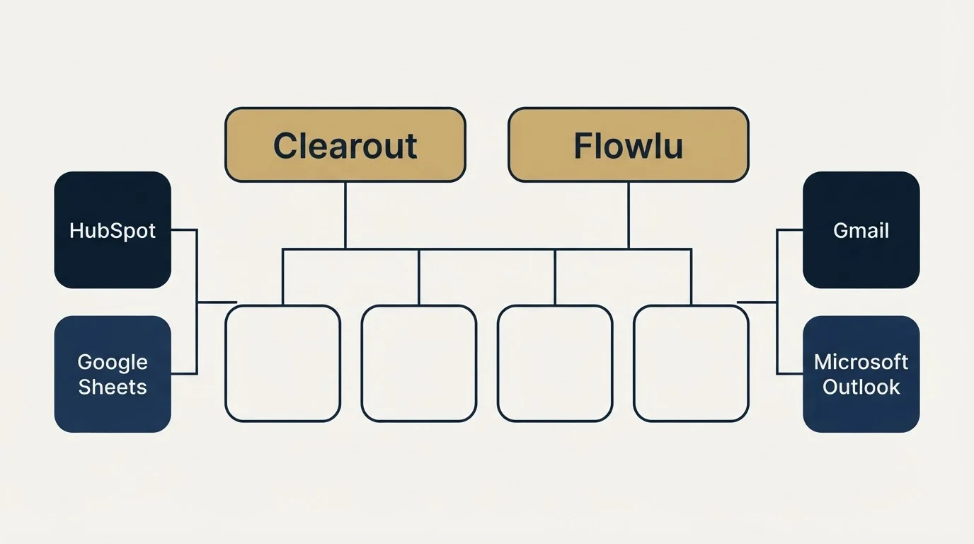 Integration grid: Integration Ecosystem (Clearout, Flowlu, HubSpot, Gmail)