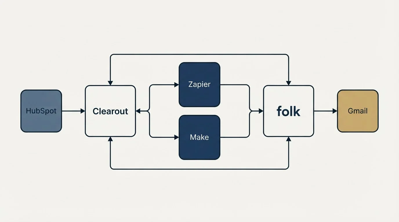Integration schematic: Integration Ecosystem (Clearout, folk, Zapier, Make)
