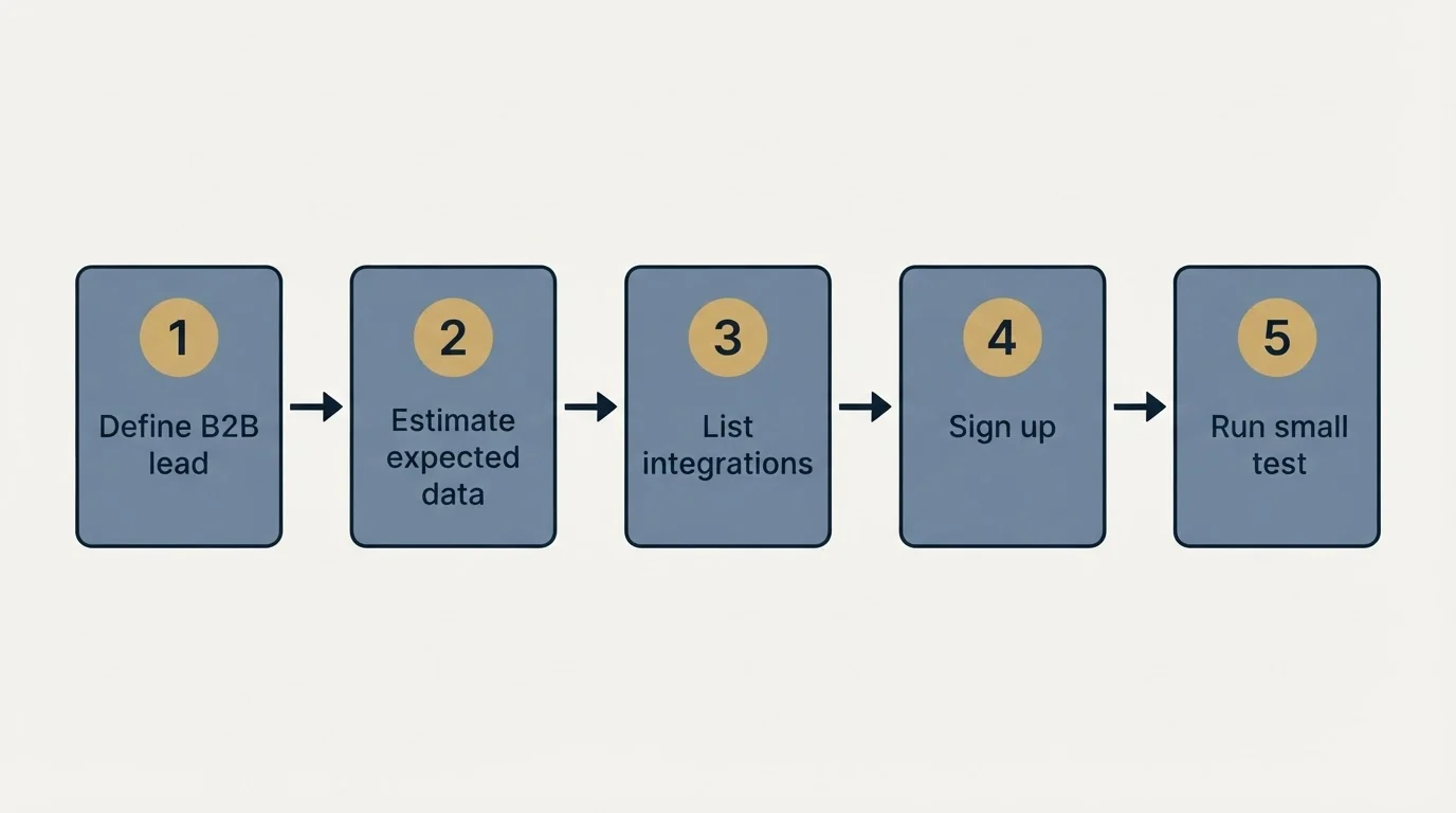Step sequence: Getting Started Checklist (Define B2B lead, Estimate expected data, List integrations, Sign up)