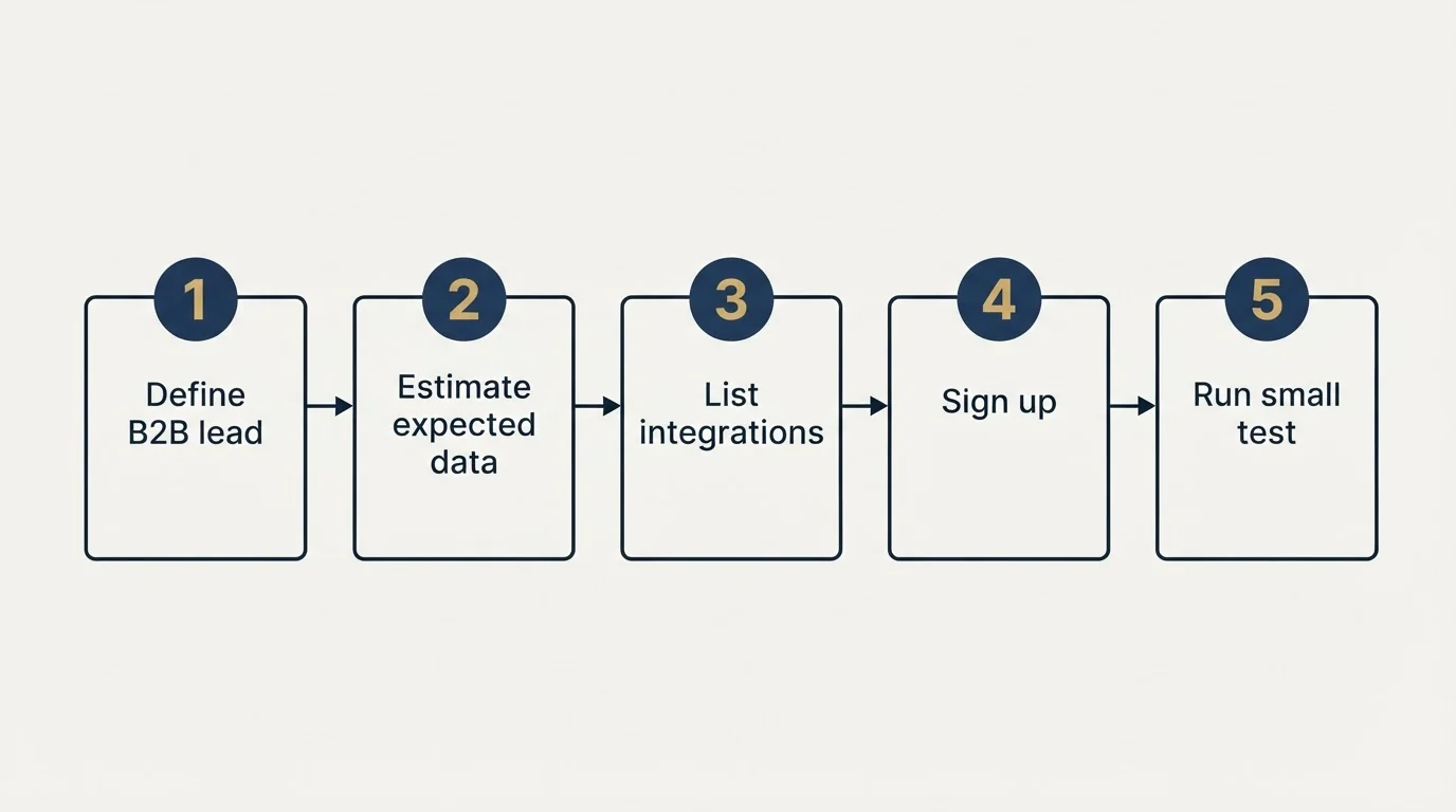 Step sequence: Getting Started Checklist (Define B2B lead, Estimate expected data, List integrations, Sign up)