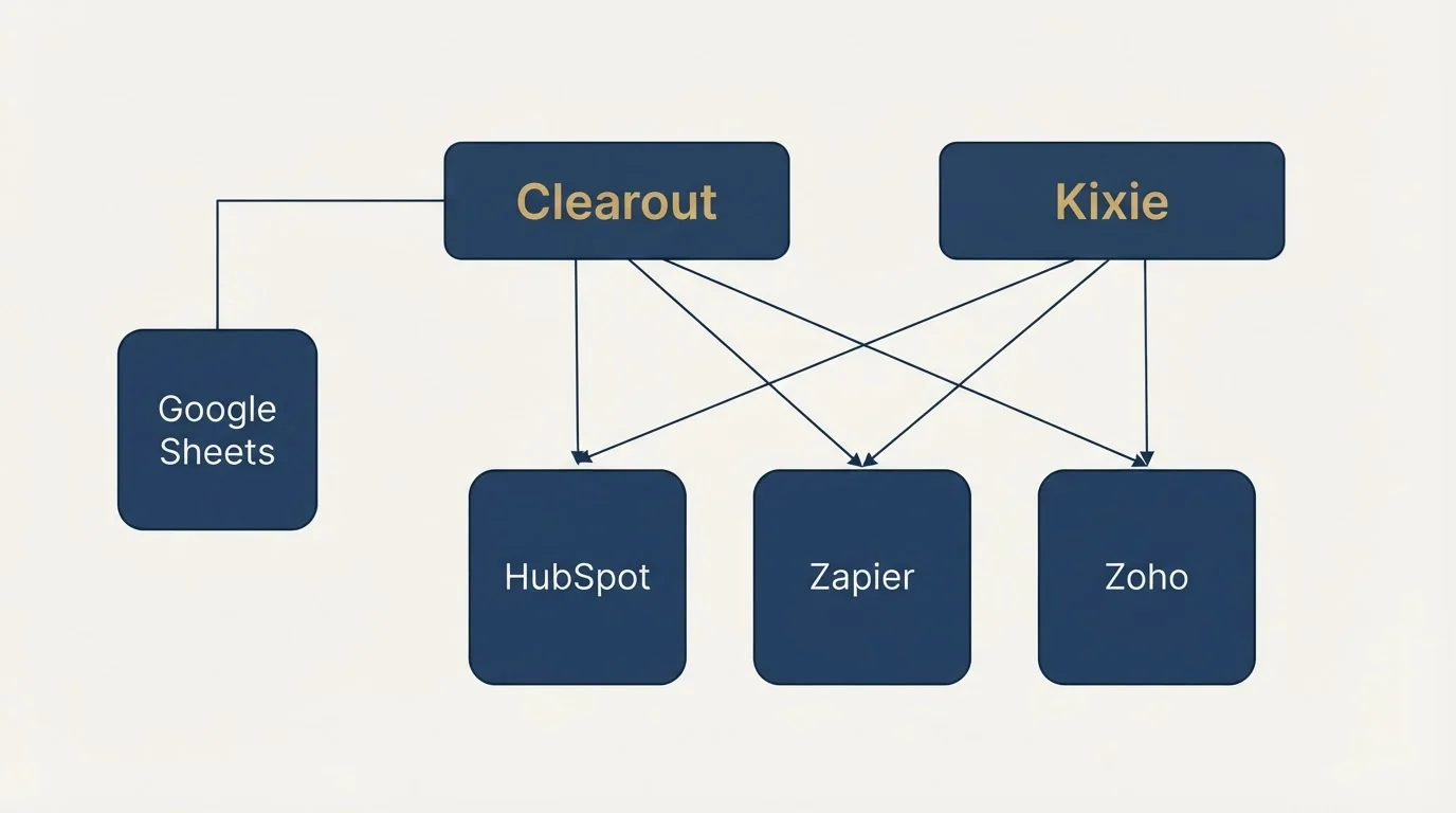 Integration grid: Integration Ecosystem (Clearout, Kixie, HubSpot, Zapier)