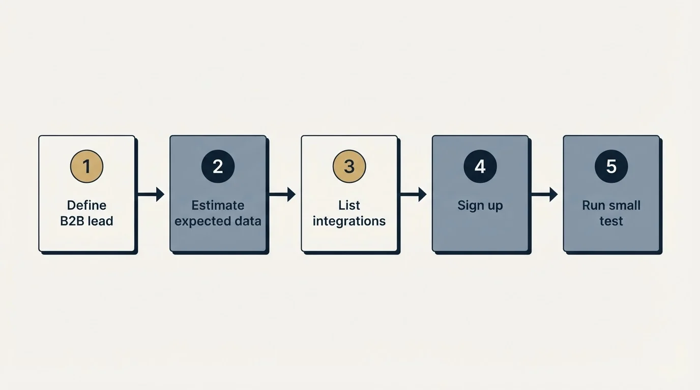 Step sequence: Getting Started Checklist (Define B2B lead, Estimate expected data, List integrations, Sign up)