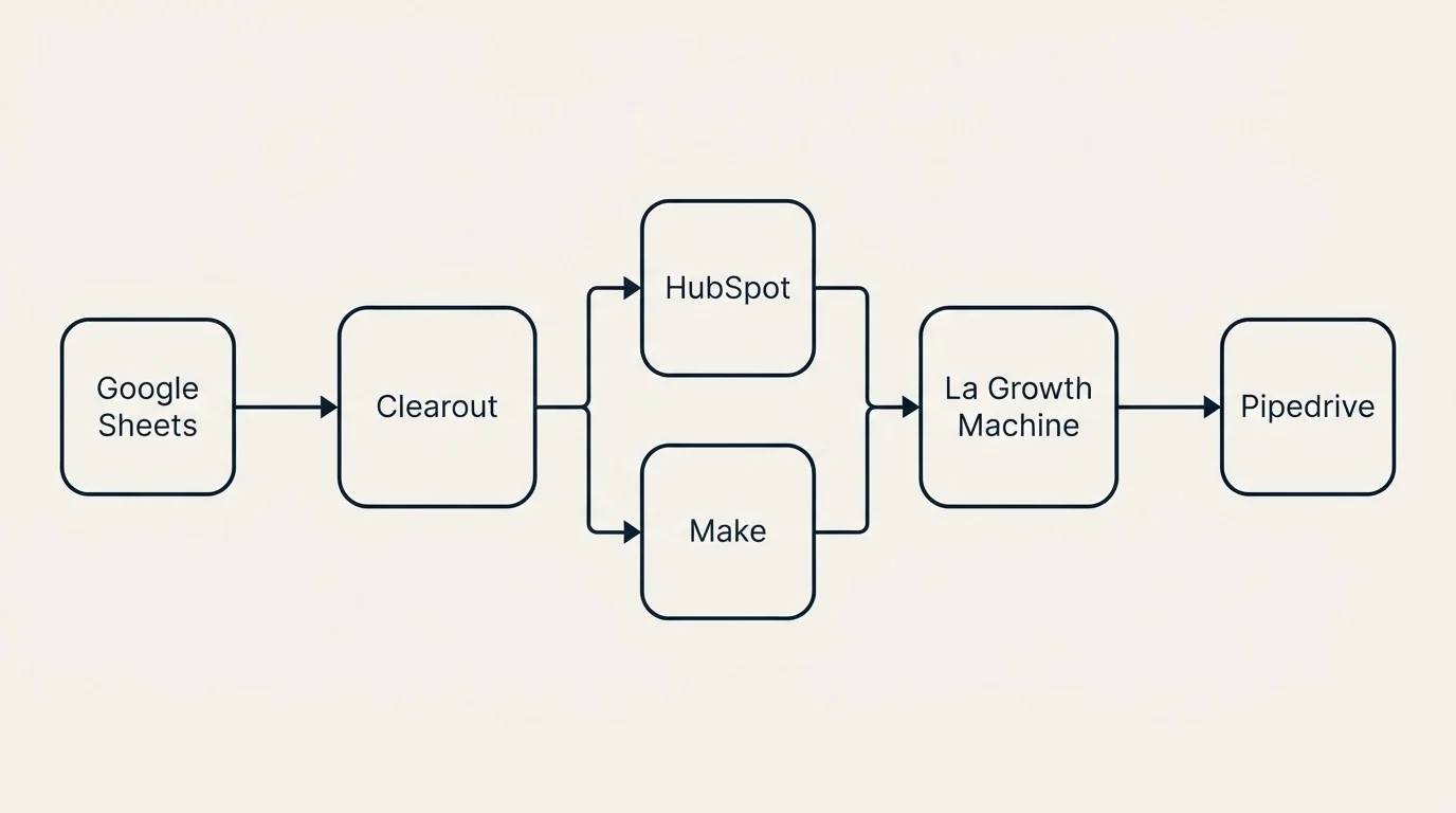 Integration flow: Integration Ecosystem (Clearout, La Growth Machine, HubSpot, Make)