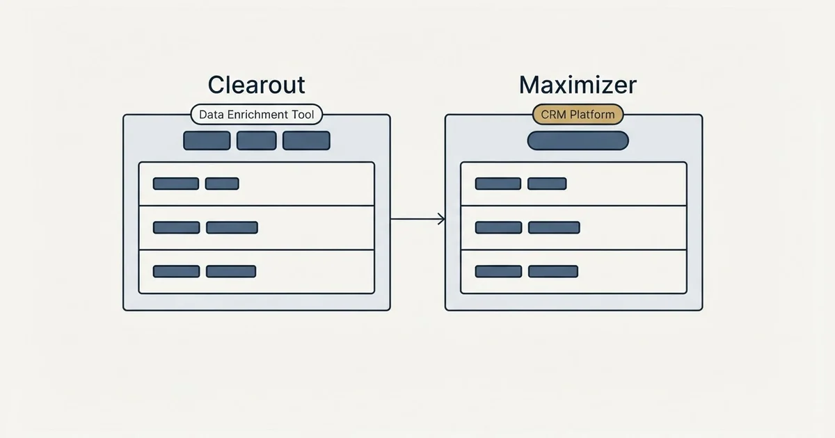 Side-by-side panels: Clearout vs Maximizer (Data Enrichment Tool, CRM Platform)