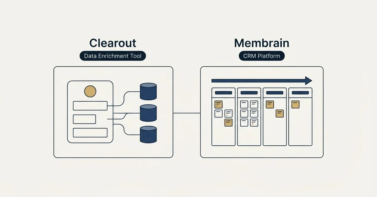 Side-by-side panels: Clearout vs Membrain (Data Enrichment Tool, CRM Platform)