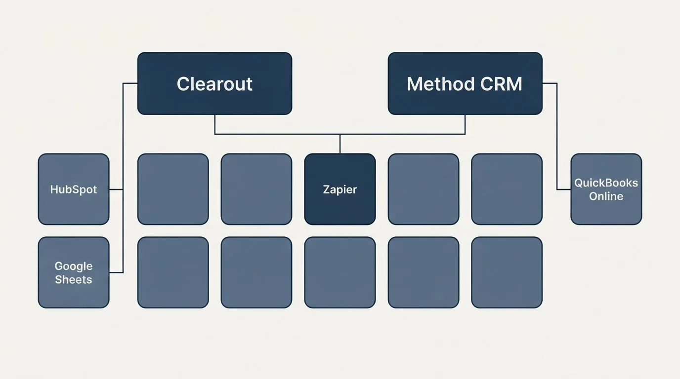 Integration grid: Integration Ecosystem (Clearout, Method CRM, Zapier, HubSpot)