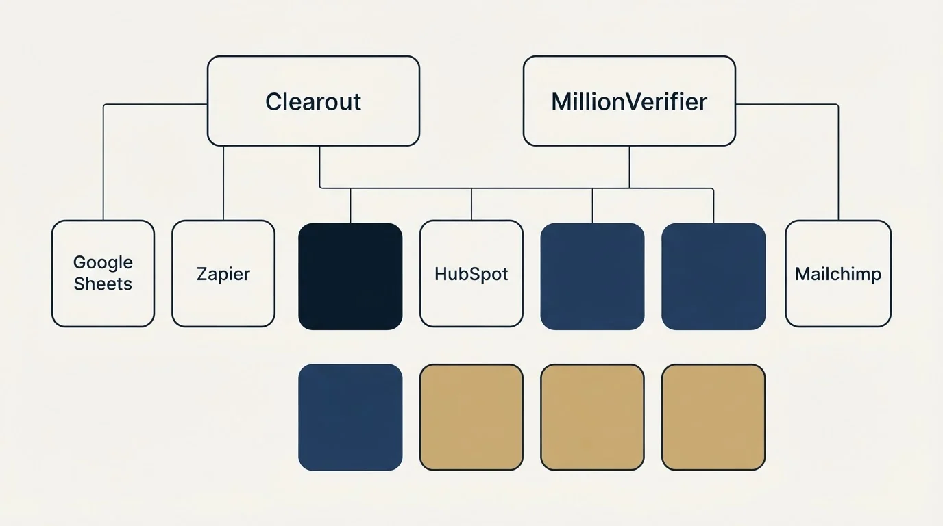 Integration grid: Integration Ecosystem (Clearout, MillionVerifier, HubSpot, Google Sheets)