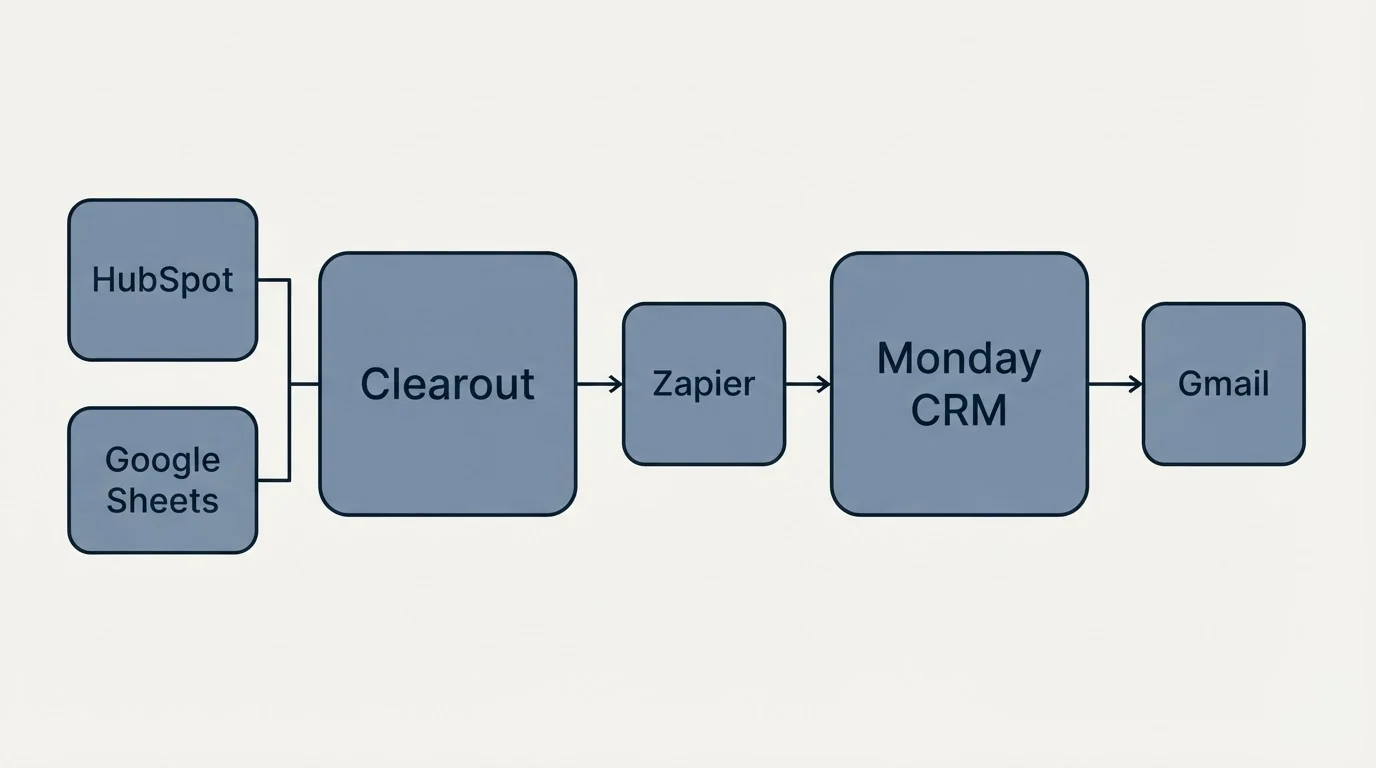 Integration flow: Integration Ecosystem (Clearout, Monday CRM, Zapier, HubSpot)