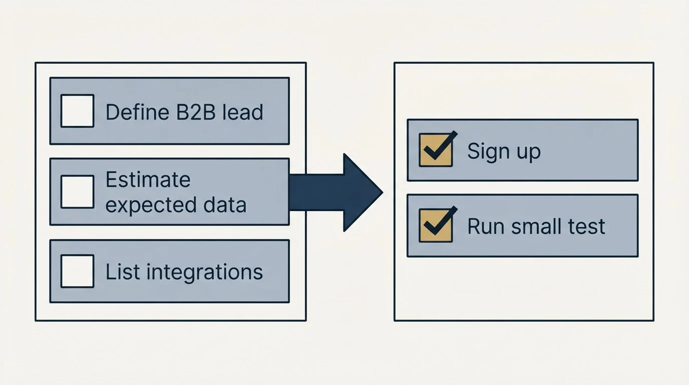 Before-and-after steps: Getting Started Checklist (Define B2B lead, Estimate expected data, List integrations, Sign up)