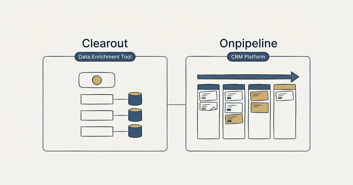 Side-by-side panels: Clearout vs Onpipeline (Data Enrichment Tool, CRM Platform)