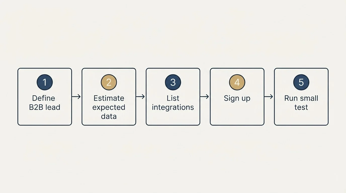 Step sequence: Getting Started Checklist (Define B2B lead, Estimate expected data, List integrations, Sign up)