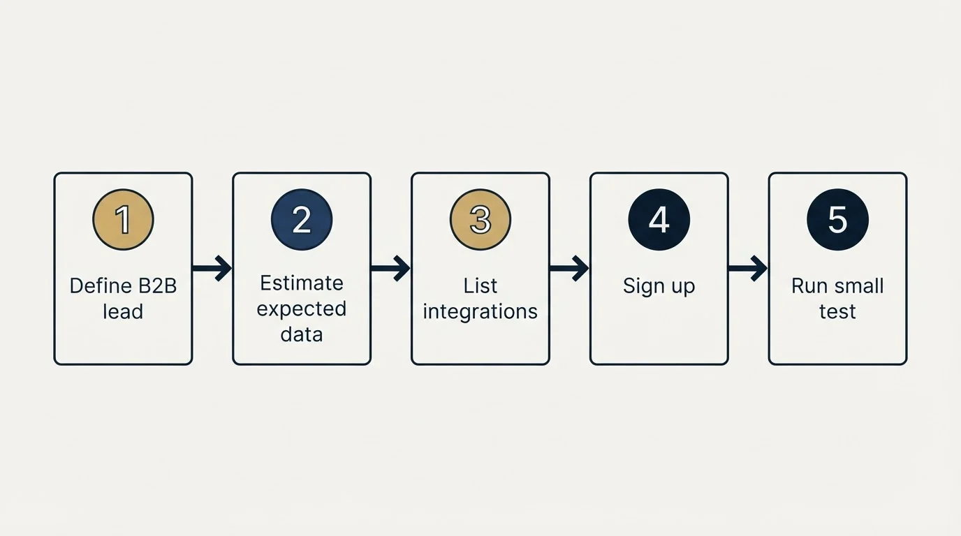 Step sequence: Getting Started Checklist (Define B2B lead, Estimate expected data, List integrations, Sign up)
