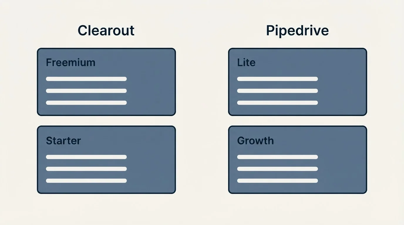 Pricing panels: Pricing Comparison (Clearout, Pipedrive, Freemium, Lite)