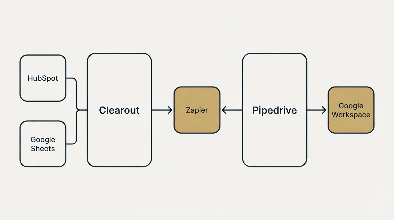 Integration schematic: Integration Ecosystem (Clearout, Pipedrive, Zapier, HubSpot)