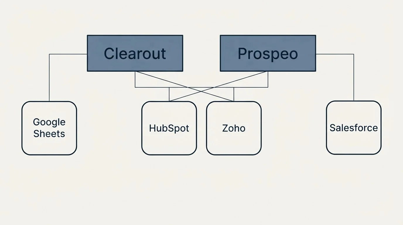Integration grid: Integration Ecosystem (Clearout, Prospeo, HubSpot, Zoho)