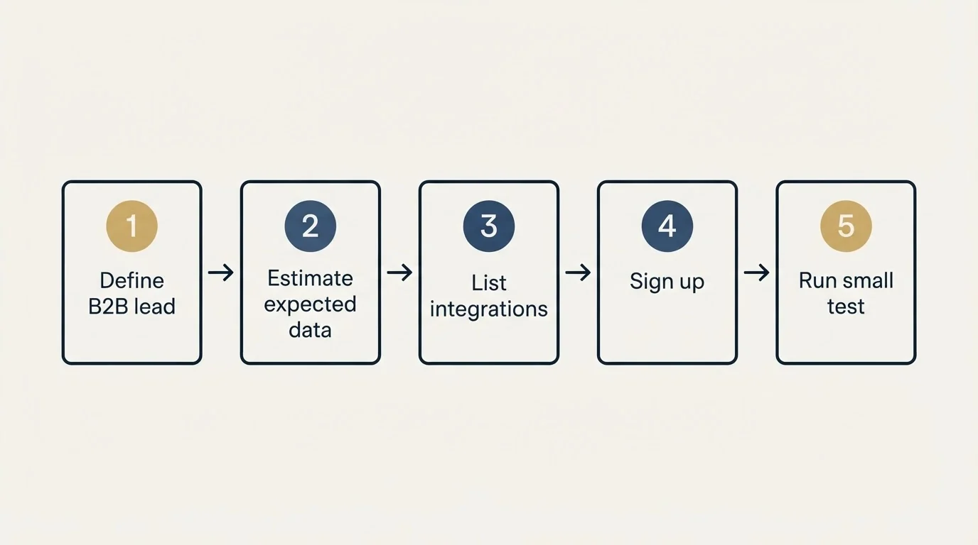 Step sequence: Getting Started Checklist (Define B2B lead, Estimate expected data, List integrations, Sign up)
