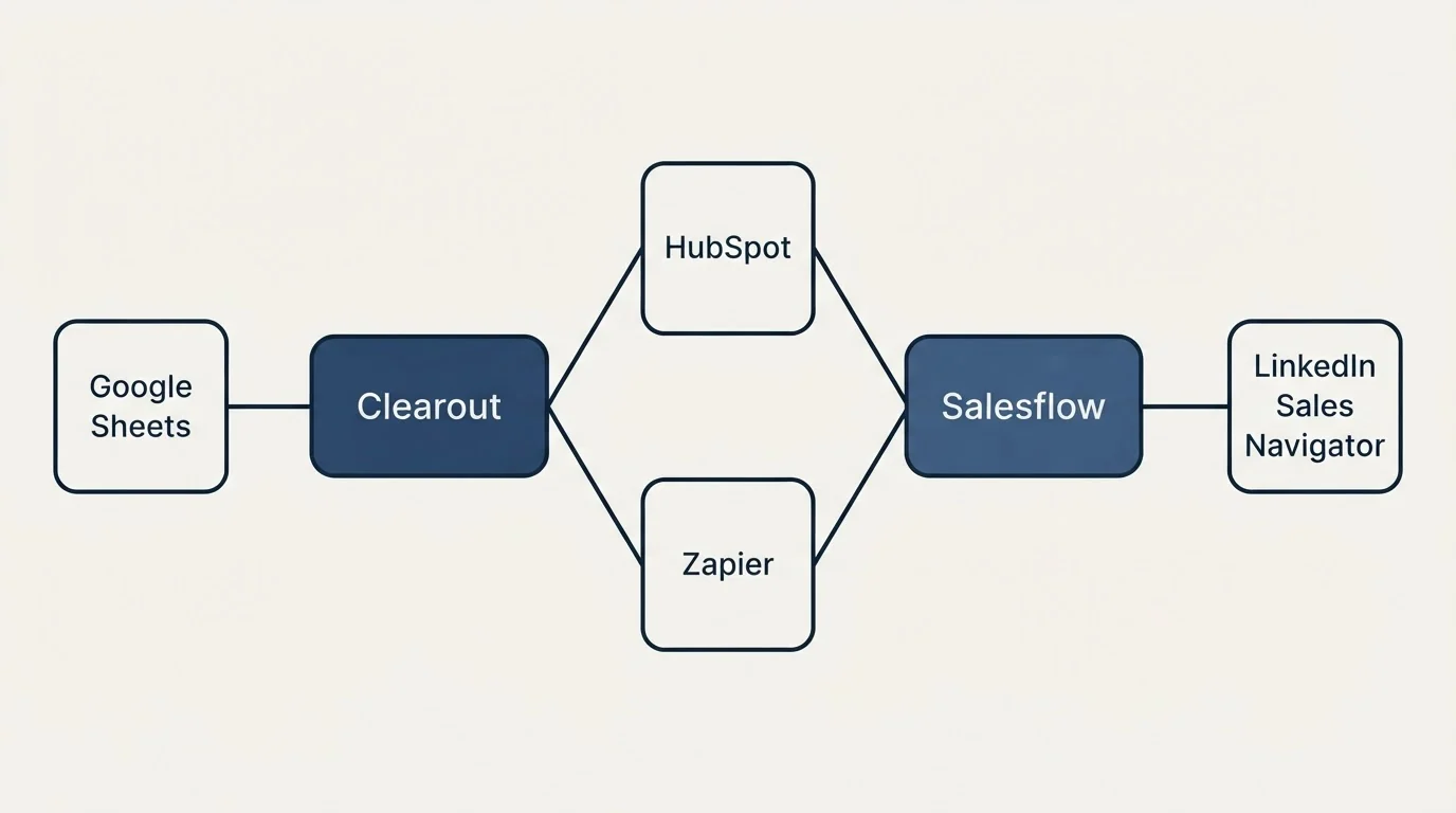 Integration schematic: Integration Ecosystem (Clearout, Salesflow, HubSpot, Zapier)