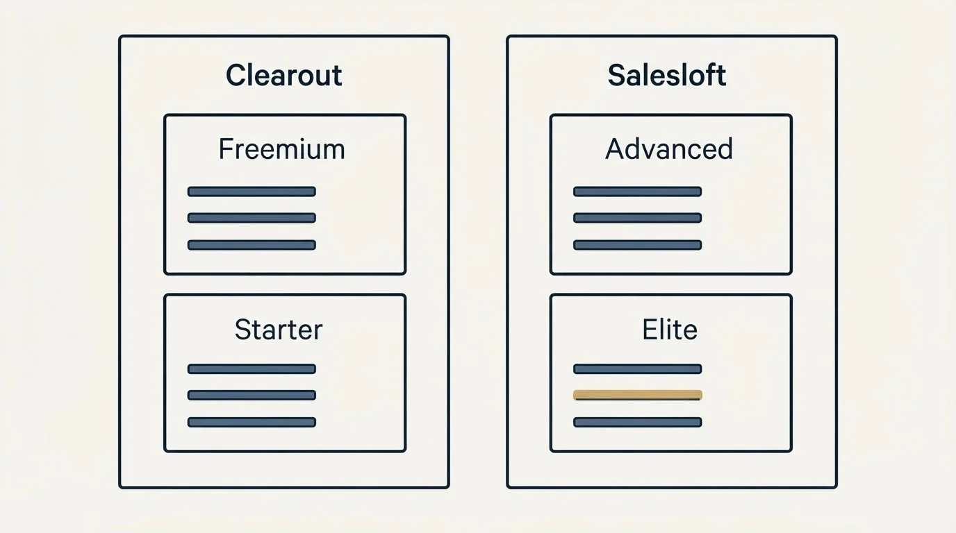 Pricing panels: Pricing Comparison (Clearout, Salesloft, Freemium, Advanced)
