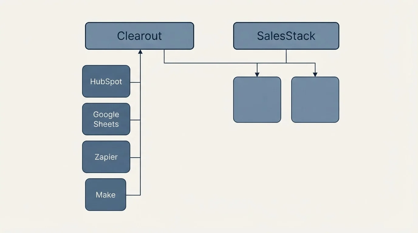 Integration grid: Integration Ecosystem (Clearout, SalesStack, HubSpot, Google Sheets)