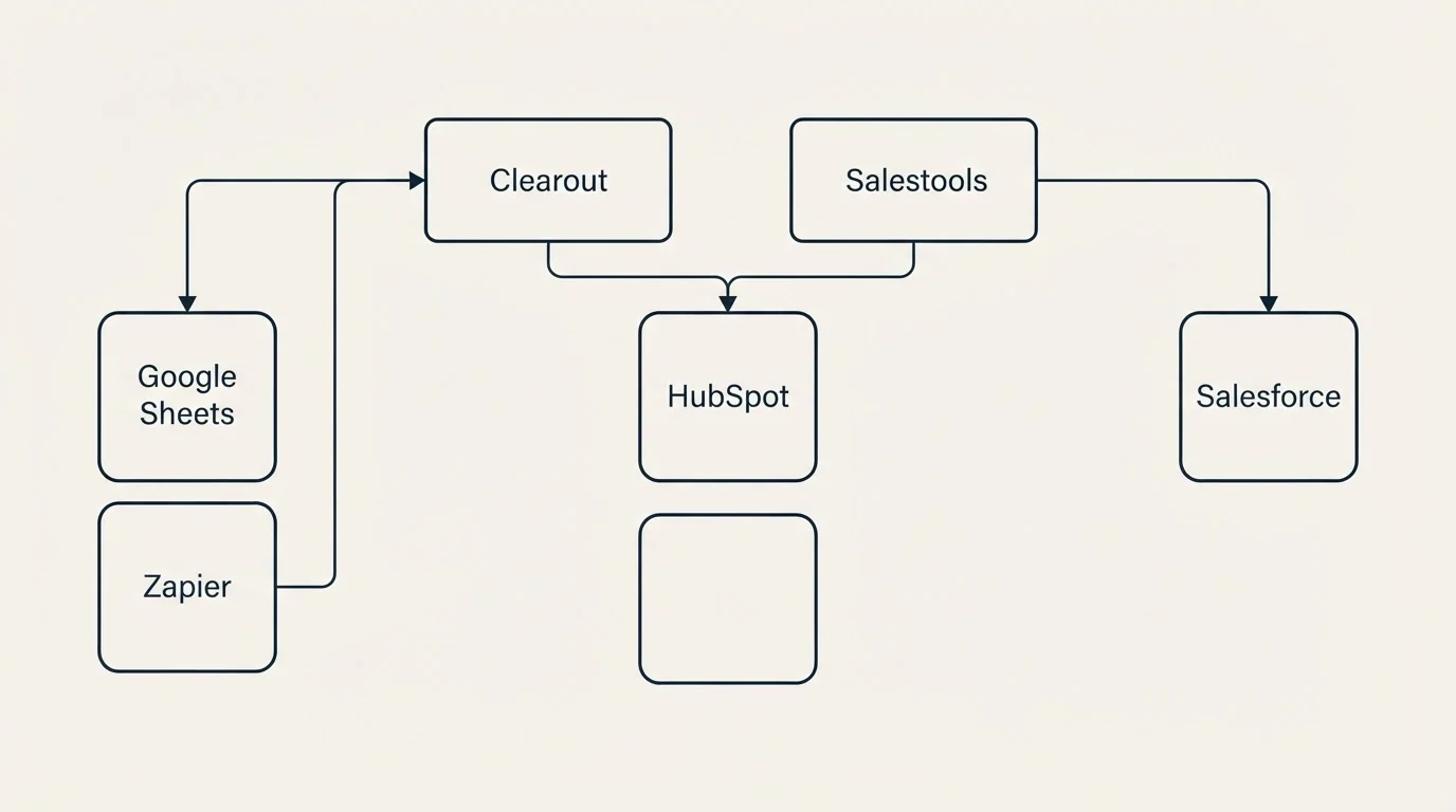 Integration grid: Integration Ecosystem (Clearout, Salestools, HubSpot, Google Sheets)