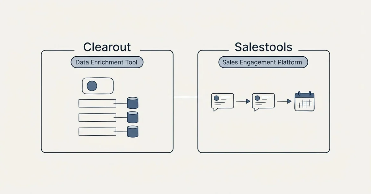 Side-by-side panels: Clearout vs Salestools (Data Enrichment Tool, Sales Engagement Platform)