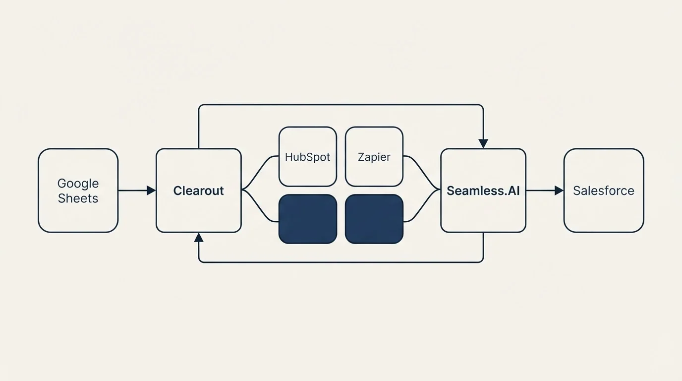 Integration schematic: Integration Ecosystem (Clearout, Seamless.AI, HubSpot, Zapier)