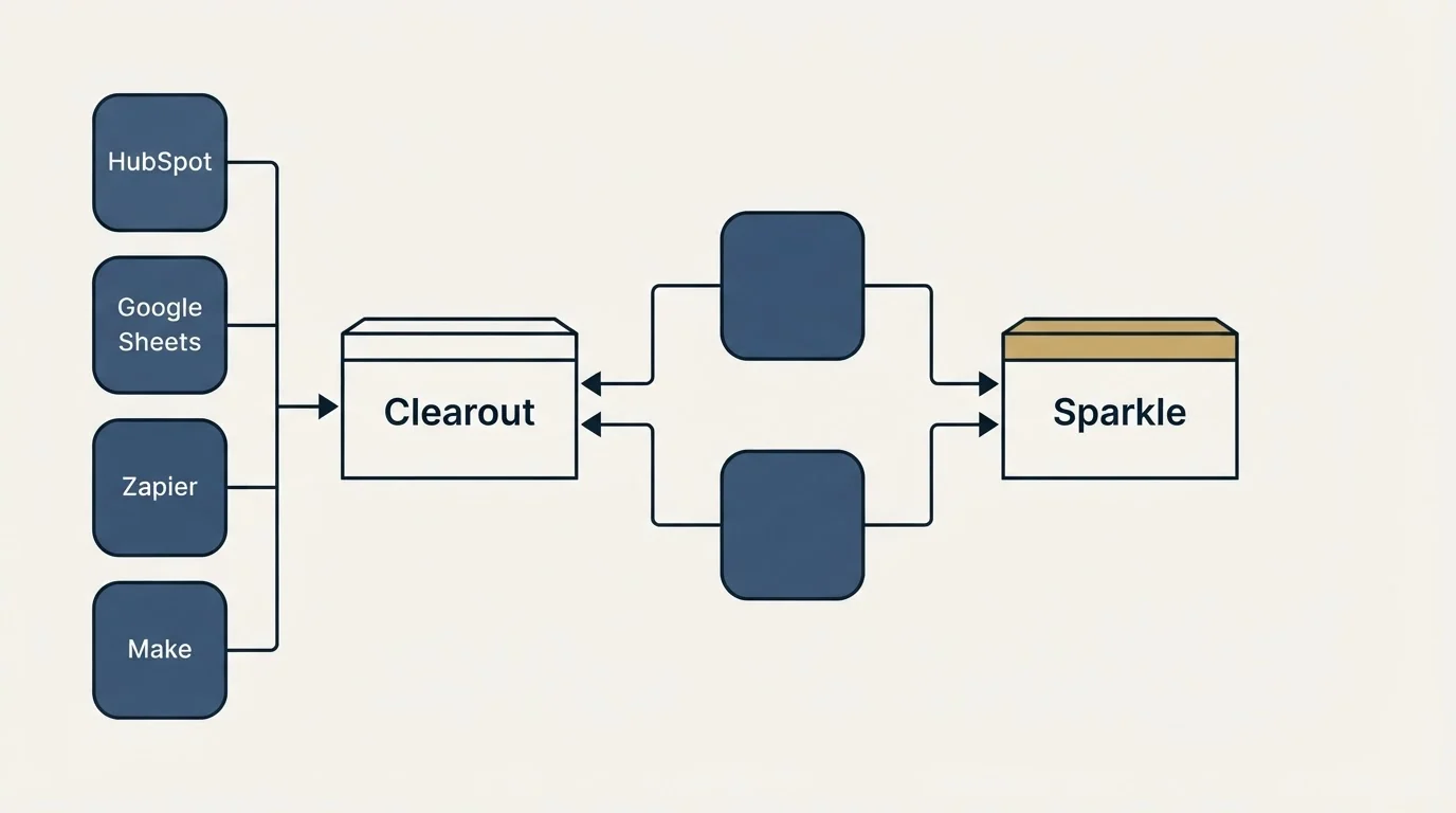 Integration flow: Integration Ecosystem (Clearout, Sparkle, HubSpot, Google Sheets)